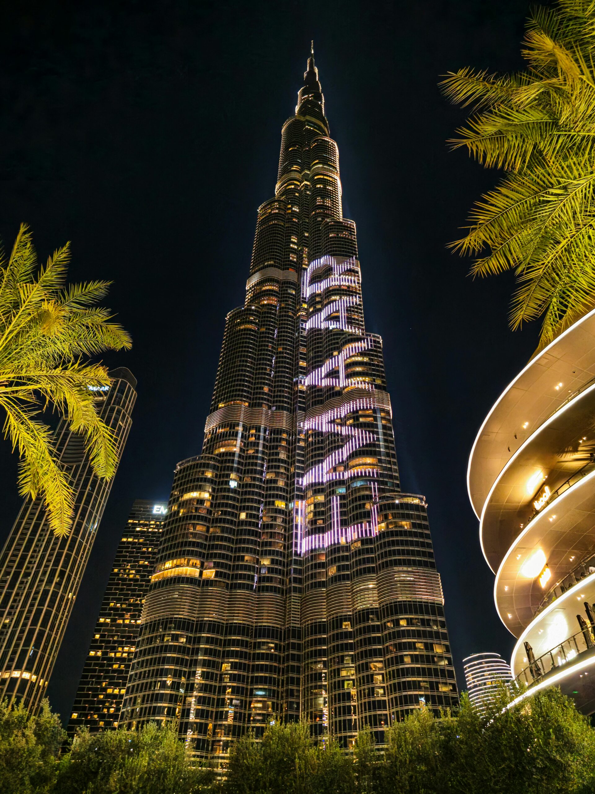 Stunning nighttime photo of the illuminated Burj Khalifa surrounded by palm trees in Dubai.