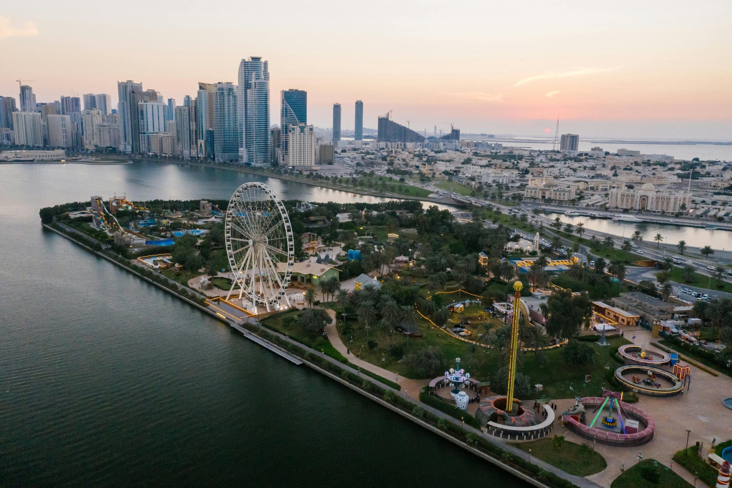 Stunning aerial shot of Al Montazah Parks with a view of Sharjah